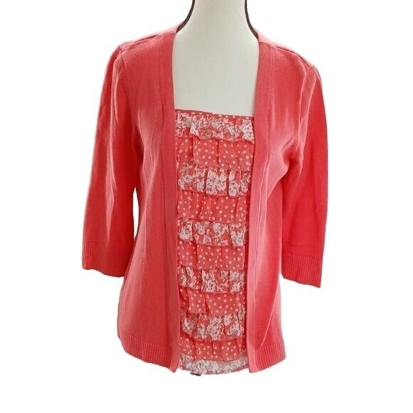 Christopher & Banks Womens S Pink Cardigan Ruffle Floral Polka Dot Layered Look - Picture 1 of 6